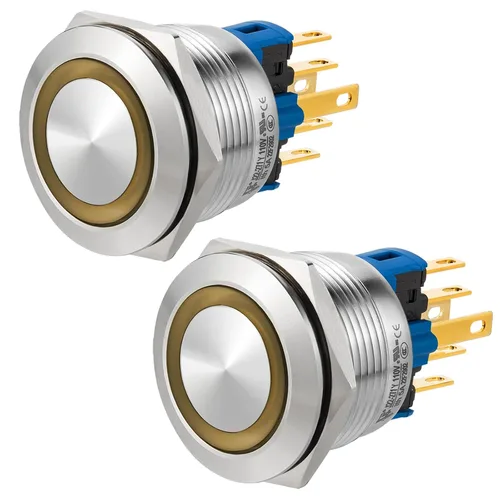 Miniatura 17 de 2 interruptores de botón de cierre de 0.866 in, 7/8 pulgadas, 110 V-120 V, SPDT, interruptor de encendido y apagado, impermeable, IP67, acero Azul