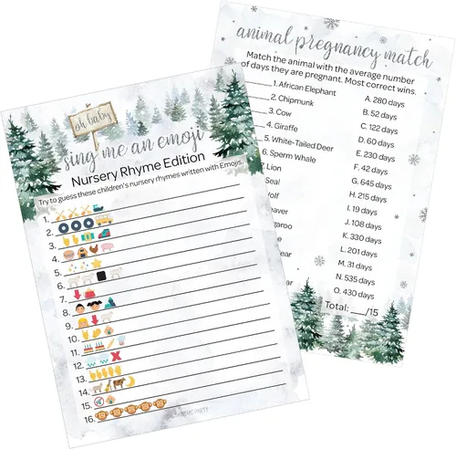 DISTINCTIVS Baby It's Cold Outside Baby Shower Juegos – Embarazo animal y juego de adivinanzas de emojis (juego de 2 juegos) – 20 cartas, País de