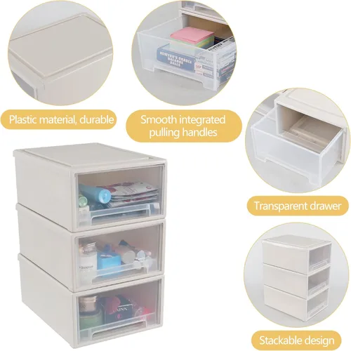 Miniatura 4 de Paquete de 3 cajones de almacenamiento apilables, organizadores de maquillaje de baño de 6.6 pulgadas de alto, cajones de plástico de 18 cuartos