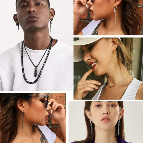 Miniatura 2 de Aretes colgantes de acero inoxidable para hombres y mujeres, chapados en oro de 18 quilates, aretes colgantes con bisagras, aretes de cadena larga