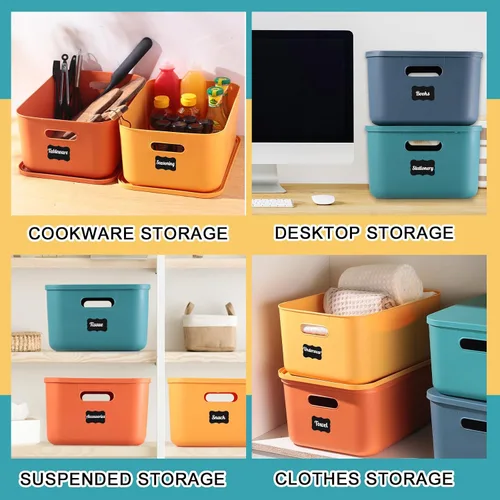 Miniatura 6 de Tanlade 8 contenedores de almacenamiento de plástico apilables con tapa y asa, colorida caja de almacenamiento de escritorio para estantes