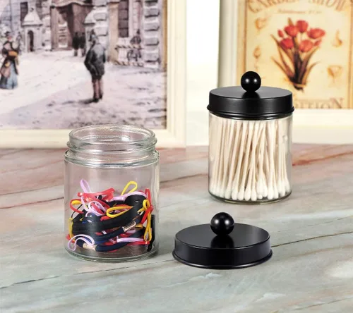 Miniatura 7 de Amolliar 6 tarros de boticario para baño, organizador de tocador de baño, decoración rústica de granja con tapas de acero inoxidable, soporte Negro