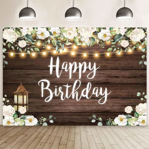 Miniatura 10 de AIBIIN Fondo de madera de 7 x 5 pies, fondo de fotografía de madera rústica, flores blancas, luces cálidas, decoraciones de fiesta de feliz