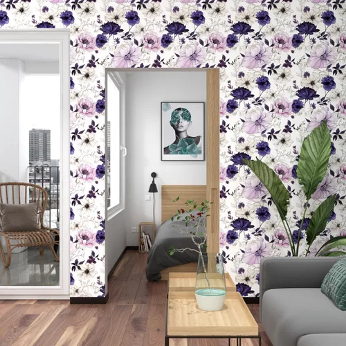 Miniatura 2 de Papel tapiz floral de acuarela para despegar y pegar, papel de contacto de flores morado/blanco/rosa, papel de pared botánico, autoadhesivo