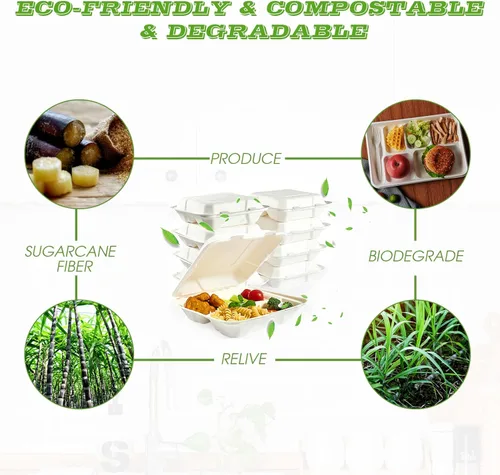 Miniatura 3 de Vplus Paquete de 300 Recipientes compostables para llevar con diseño de concha, de 20,3 x 20,3 cm, desechables y ecológicos, con 3 compartimentos