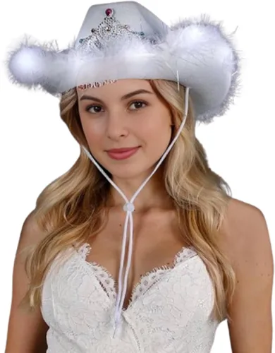 Miniatura 5 de blinkee Paquete de 12 sombreros de vaquero de lentejuelas rosas y tiara LED blanca para despedida de soltera para fiesta nupcial