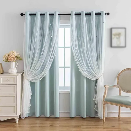 Miniatura 13 de Anytime - Cortinas románticas para niños, cortina de ventana con estrellas recortadas, cortinas opacas de doble capa para dormitorio de niñas, Azul