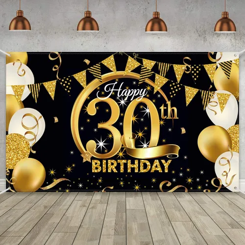 Miniatura 11 de Decoración de fiesta de cumpleaños número 15, cartel póster de tela extra grande negro y dorado para telón de fondo de cabina de fotos