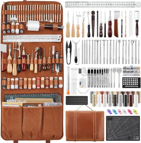 SAKERNEO Kit de herramientas de trabajo de cuero, versión máxima, con alfombrillas de corte de bolso personalizadas, grabado, perforación, costura,