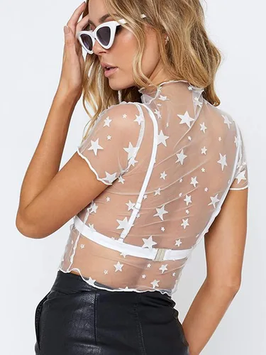 Miniatura 2 de Crop Tops para mujer Sexy Sheer Top Cover Up Swim Beach Mesh Top con estrellas