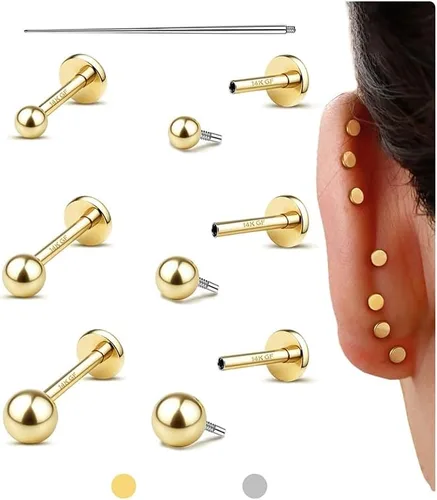 Miniatura 15 de GEMQUEEN Aretes tipo dormilona plana: aretes de acero quirúrgico de titanio rellenos de oro de 14 quilates, hipoalergénicos para mujeres y hombres