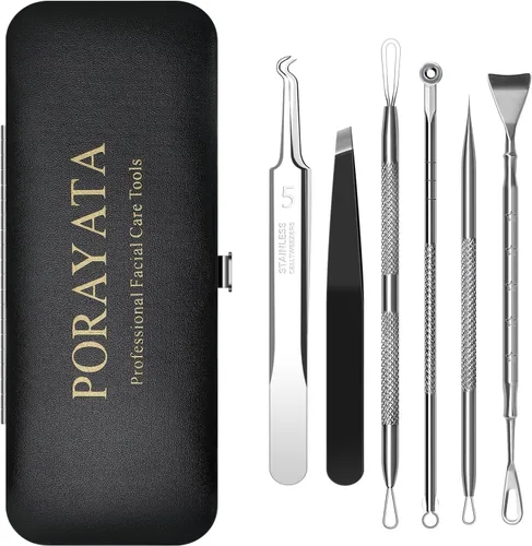 Kit de herramientas para eliminar puntos negros, juego de 6 extractores de espinillas con agujas de acné, pinzas, raspador de poros para manchas,