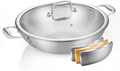 Miniatura 10 de DELARLO Woks y sartenes para saltear, sartén de acero inoxidable de 13 pulgadas con tapa, superficie de cocción grande, sartén wok de acero