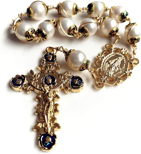 Eleganantmedical - Pulsera de oro envuelta en alambre de oro (0.394-0.433 in, cuentas reales de perlas de oración católica, una década de rosario,