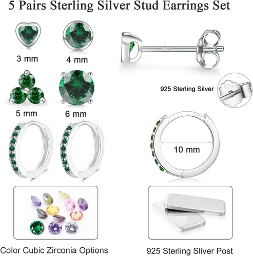 Miniatura 6 de EPIRORA Juego de aretes de plata de ley 925 para mujeres y hombres, hipoalergénicos con circonita cúbica para cartílago, hélix, 5 pares de aretes