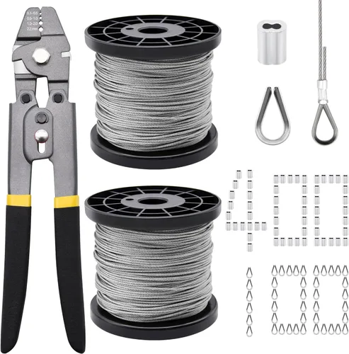 Miniatura 8 de Kit de herramientas de engarzado de cable de alambre de 328 pies, cable de cuerda de alambre de acero inoxidable de 1/16" con manguitos de engarzado