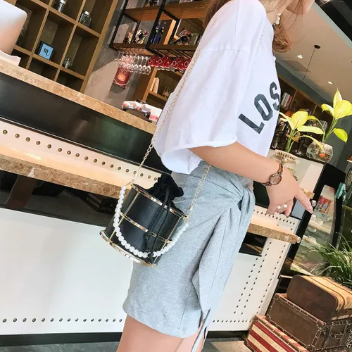 Miniatura 2 de Bolso de embrague para las mujeres de la perla de la noche de los bolsos de la tarde del metal de la manija superior del cubo del bolso de cristal