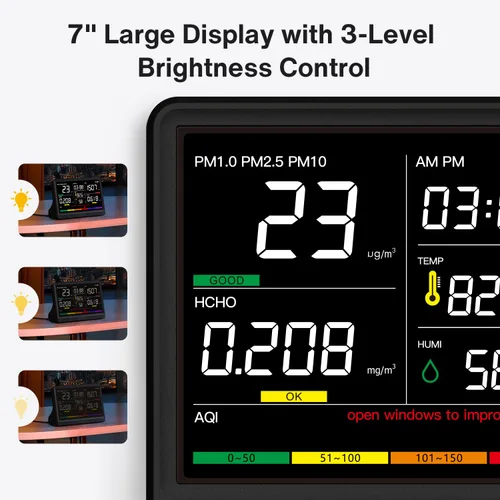 Miniatura 9 de Monitor de calidad del aire 16 en 1 para interiores, pantalla de 7 pulgadas, 9 alertas AQI+7 AQI, monitor de CO2 probador de calidad del aire