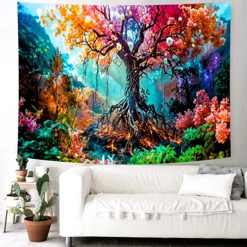 Miniatura 4 de Delur Tapiz de bosque con diseño de árbol de la vida, bosque tropical, para colgar en la pared, colorido paisaje místico, cabecero psicodélico