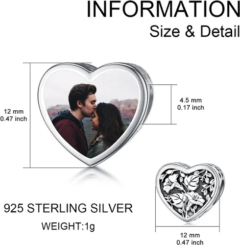 Miniatura 6 de PEIMKO Abalorio personalizado con diseño de corazón de flor de nacimiento, plata de ley, mes de nacimiento, flores, corazón, imagen, abalorio