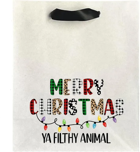 Miniatura 3 de FarmedandFashioned Bolsas divertidas, Feliz Navidad Ya Filthy Animal Bolsa de regalo de tamaño mediano Kraft con asas de cinta negra, bolsa de Blanco