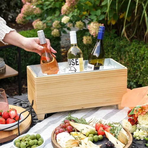 Miniatura 5 de Twine Cubo de hielo de madera y metal galvanizado, cubo de vino de madera y enfriador de cerveza, capacidad para 4 botellas de vino o 5.4 galones