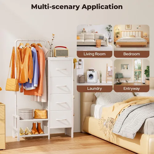 Miniatura 6 de Cómoda con estante para colgar, perchero de 52 pulgadas de alto con cajones, 4 cajones y 4 bolsas laterales, cómoda de tela con estantes inferiores