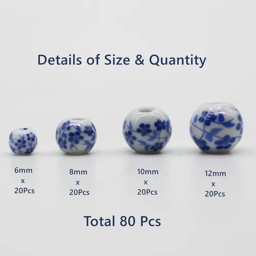Miniatura 3 de Cuentas redondas de porcelana de cerámica para hacer joyas, tamaños surtidos de 0.236 in, 0.315 in, 0.394 in, 0.472 in, total de 80 cuentas Azul