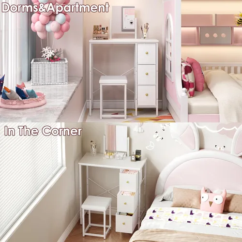 Miniatura 11 de Escritorio pequeño de 27.5 pulgadas con espejo y silla, juego de tocador de maquillaje compacto con silla, tocador pequeño con 3 cajones de tela