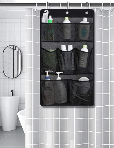 Miniatura 2 de KIMBORA Organizador de ducha de malla para colgar en el baño, con 2 bolsillos grandes, 3 anillos, barra de cortina colgante para dormitorio, Negro