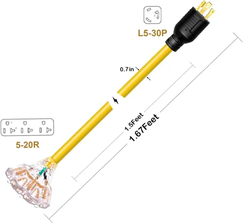 Miniatura 2 de Adaptador generador de 30 amperios a 15/20 amperios - Cable de bloqueo, Nema L5-30P macho a 3X 5-20R hembra, toma de corriente doméstica de 1.5 pies