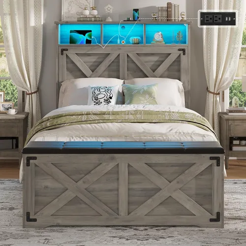 Miniatura 9 de Hasuit - Marco de cama tamaño Queen con otomana de almacenamiento, marco de cama estilo granja con estación de carga y luz LED, cabecera con estante