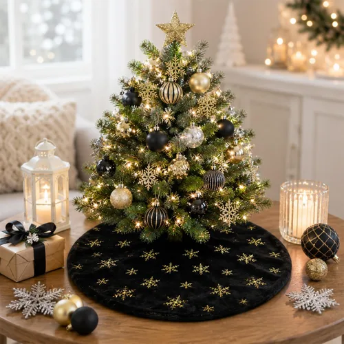 Miniatura 3 de Faldones de Felpa para Árbol de Navidad, 24 pulgadas, Lujosa Cubierta de Base de Árbol de Navidad de Piel Sintética Negra con Copos de Nieve Dorados