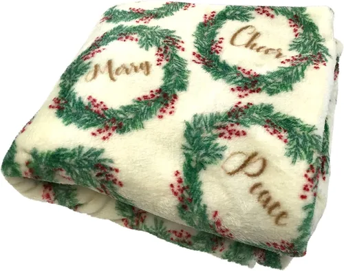 Miniatura 4 de Manta de Forro Polar para las Fiestas Navideñas: Corona Tradicional de Decoración del Hogar con Saludos Cheers Merry Peace Joy sobre Fondo Beige