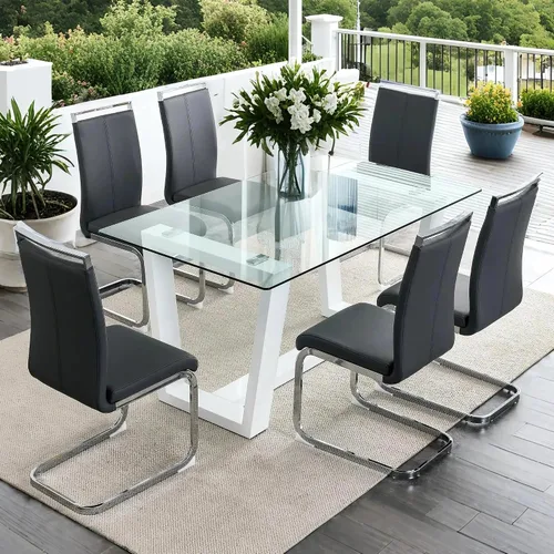 Miniatura 13 de Ebullient - Juego de mesa de comedor de cristal para 4, juego de mesa de comedor moderno para 4, tablero de vidrio templado con patas trapezoidales