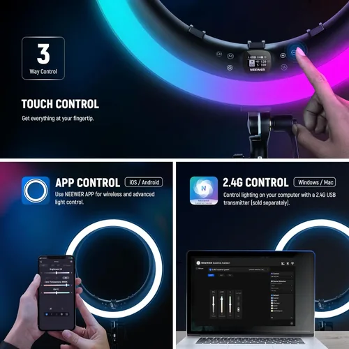 Miniatura 6 de NEEWER Anillo de luz LED RGB de 19 pulgadas con soporte, 3 soportes para teléfono, panel táctil, control de 2.4G/aplicación, 42W CRI97+ 2800lux/1.6
