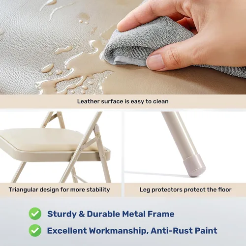 Miniatura 6 de Simple Deluxe Paquete de 2 sillas plegables con asientos acolchados de cuero y marco de metal duradero, plegables, portátiles, asiento para eventos