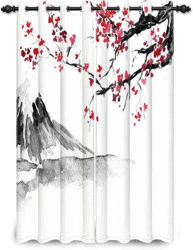 Miniatura 79 de Cortinas japonesas con pintura de tinta, monte Fuji, sol rojo, puesta de sol, hojas de bambú, cortinas de ventana para dormitorio, sala de estar
