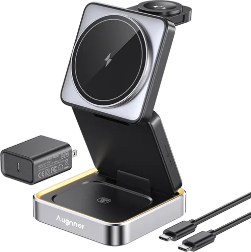 Cargador inalámbrico 3 en 1, estación de carga inalámbrica plegable con luz para cargador magnético Apple, soporte de cargador magnético de viaje,