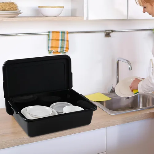 Miniatura 5 de Taysisiter - Tina de plástico para autobús comercial de 13 L con tapa, contenedor de autobús para restaurante, color negro, paquete de 3