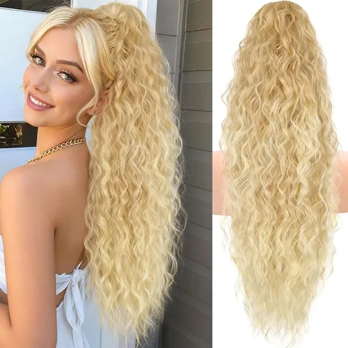 Miniatura 20 de KooKaStyle Extensión de cola de caballo con cordón de 26 pulgadas (66 cm) para mujeres, extensiones de cabello sintético rizado largo para uso