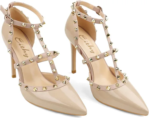 Miniatura 4 de Eithy Sandalias de verano con tirantes delgados y tacón alto para mujer, con tiras y puntera puntiaguda, para fiestas, uso diario, para la noche, Oro