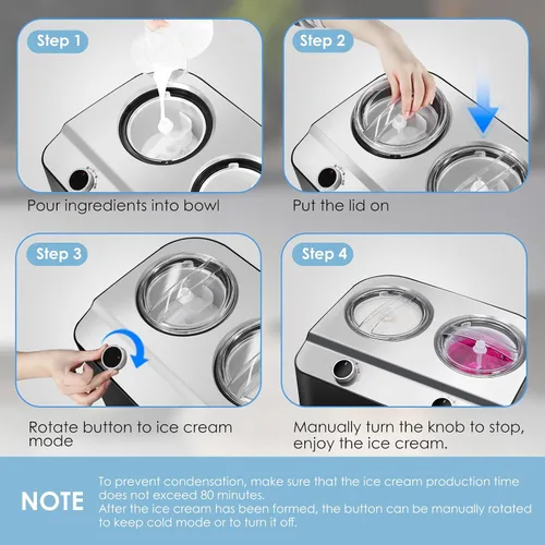 Miniatura 5 de Homtone Máquina de helados de 2 sabores, compresor automático de helados con 2 cuencos, 2.6 cuartos de galón (2 x 1.3 qt) de mayor capacidad