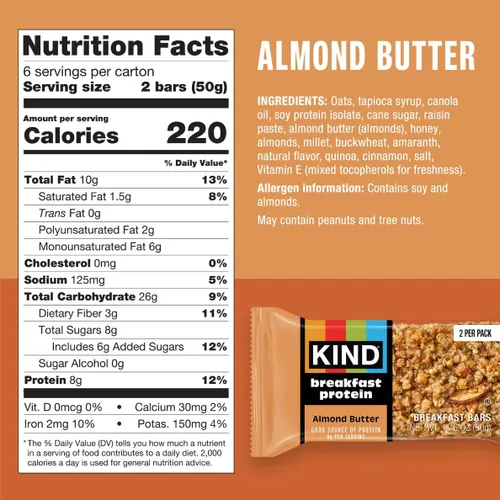 Miniatura 2 de KIND - Barras de proteína para el desayuno, mantequilla de almendras, snacks saludables, libres de gluten, con 8g de proteína, 30