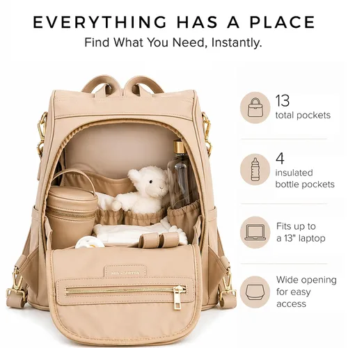 Miniatura 3 de MIA + SOPHIA Mochila de cuero para pañales con puerto de carga USB, cambiador, correas para cochecito y portabotellas (Marrón Mia)