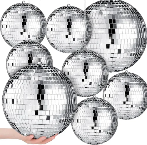 Conjunto de 8 bolas de discoteca grandes de Haull, bolas de espejo plateadas reflectantes con anillo para colgar, ornamento de fiesta, decoración