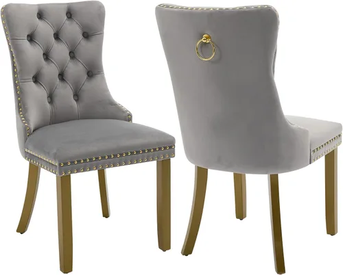 Miniatura 30 de Shenyon Juego de 2 Sillas de Comedor de Terciopelo Gris, Sillas de Comedor Tapizadas con Ribete de Anilla Trasera y Patas de Madera Maciza, Sillas