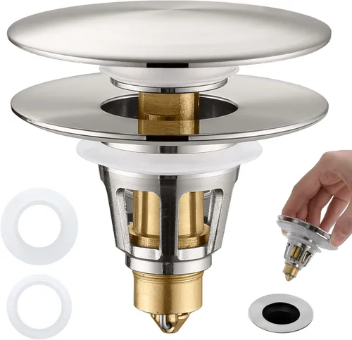 Miniatura 14 de Tapón Universal para Lavabo de Baño - Filtro de Drenaje de Lavabo con Rebote, Tapón de Drenaje Emergente de Níquel Cepillado, Tapón de Fregadero