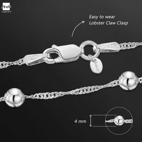 Miniatura 5 de Amberta Pulsera de plata de ley 925 1.4 Singapur con cuentas de bola de 0.157 in, 7 pulgadas, 7.5 pulgadas