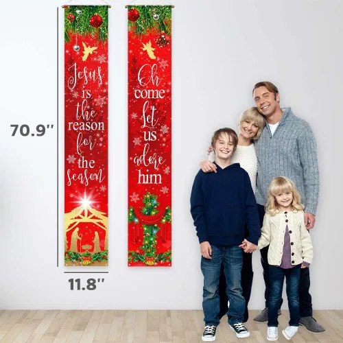 Miniatura 2 de Funnytree Letrero rojo de Navidad con texto en inglés "Jesús Nativity", cartel para puerta religiosa de invierno, Navidad, suministros de fiesta